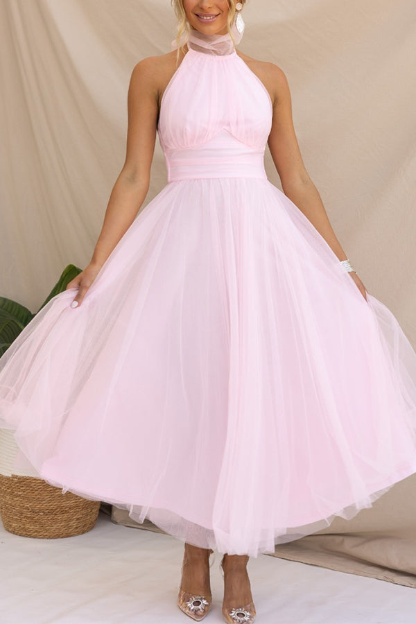 Women's Tulle Midi Dress With Halter Neck-1