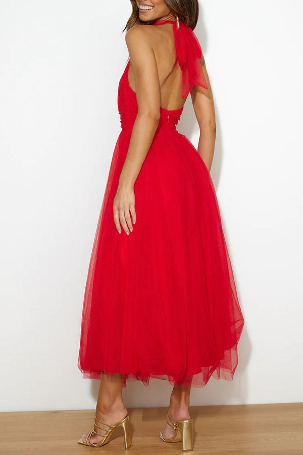 Women's Tulle Midi Dress With Halter Neck-11
