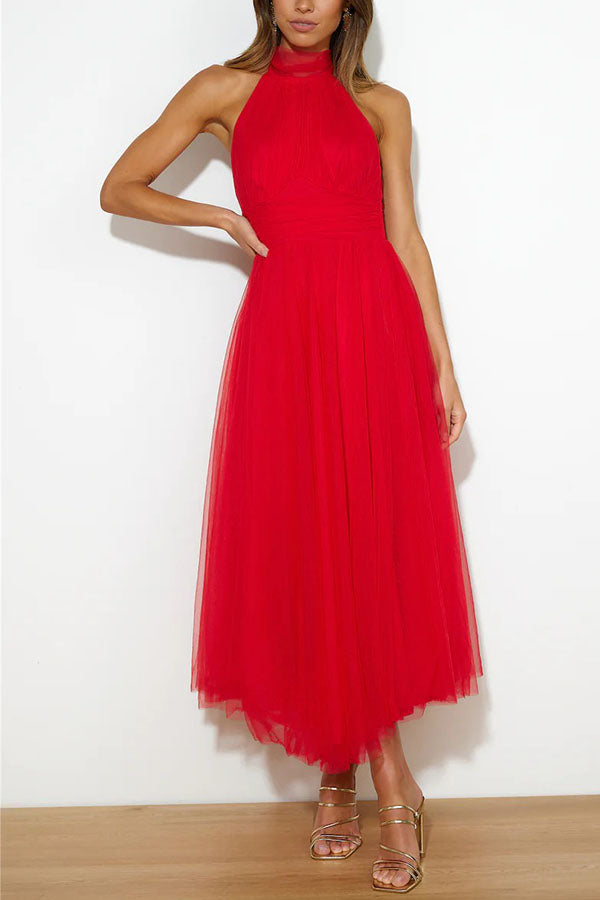 Women's Tulle Midi Dress With Halter Neck-18