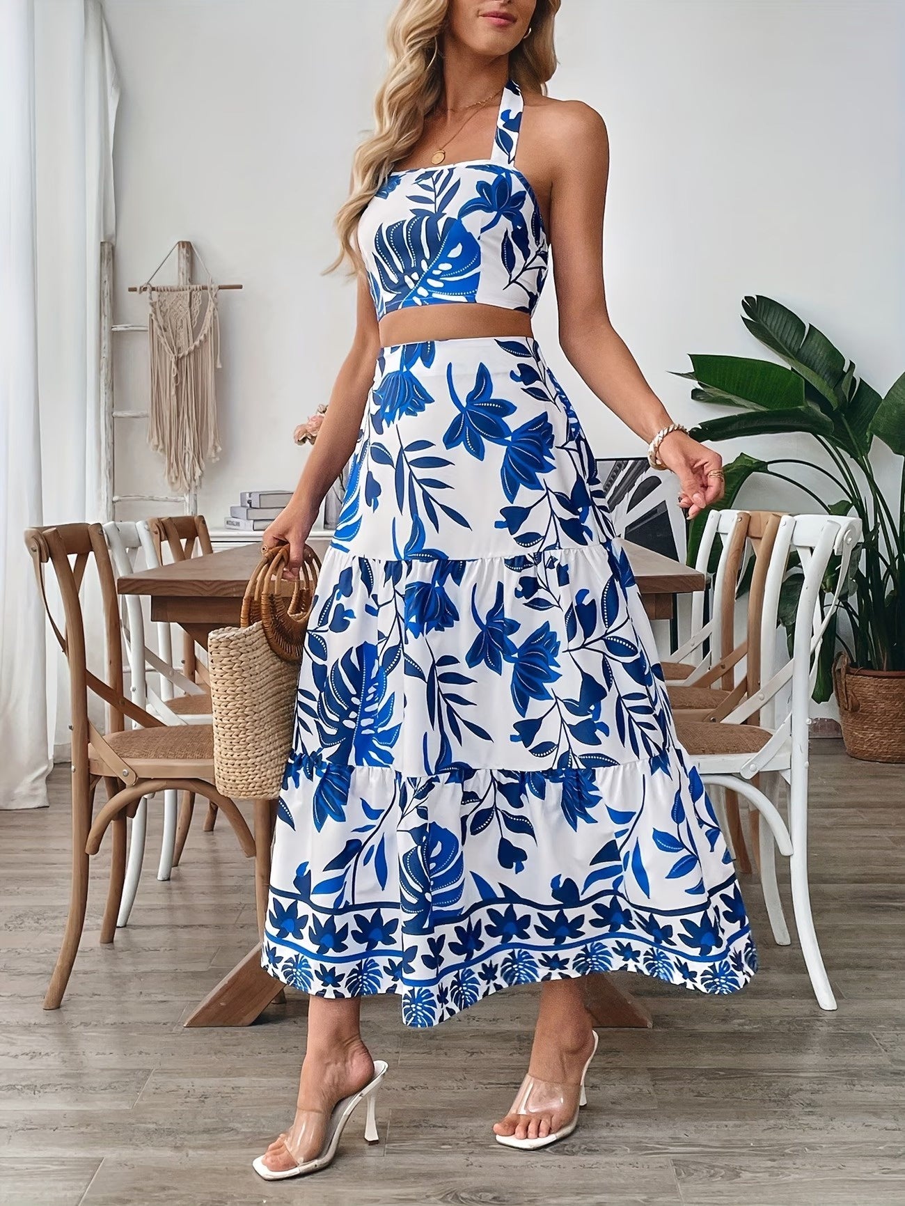 Women's Two-Piece Set with Leaf-Pattern