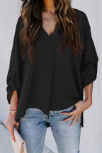 Women's V-Neck Blouse with Rolled Sleeves-3