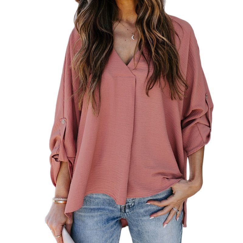 Women's V-Neck Blouse with Rolled Sleeves-6