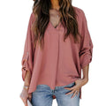 Women's V-Neck Blouse with Rolled Sleeves-6