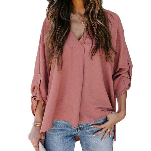 Women's V-Neck Blouse with Rolled Sleeves