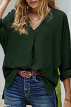 Women's V-Neck Blouse with Rolled Sleeves-2