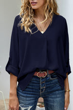 Women's V-Neck Blouse with Rolled Sleeves-1
