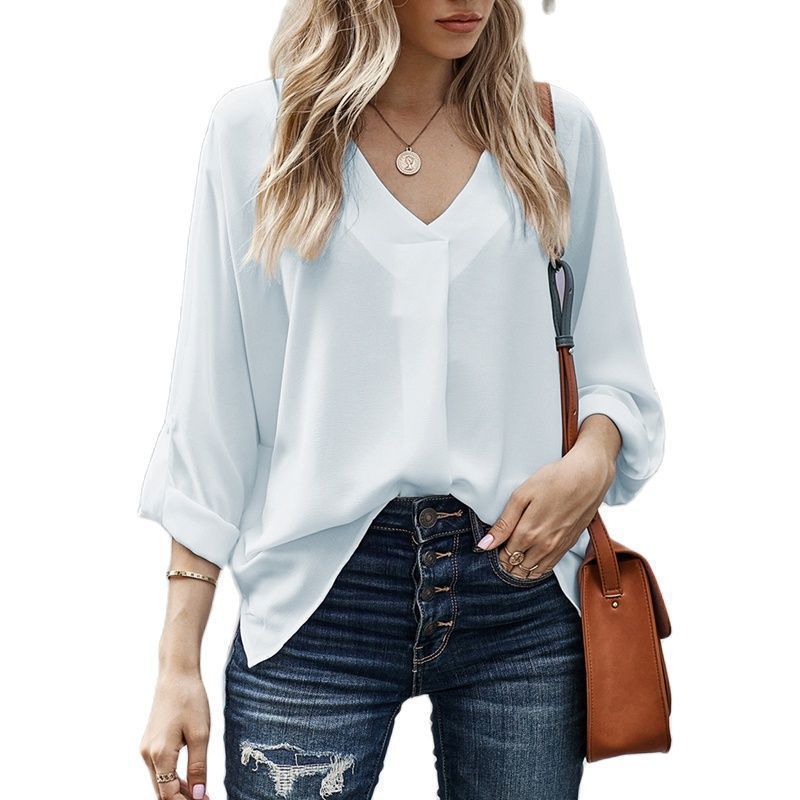 Women's V-Neck Blouse with Rolled Sleeves-5