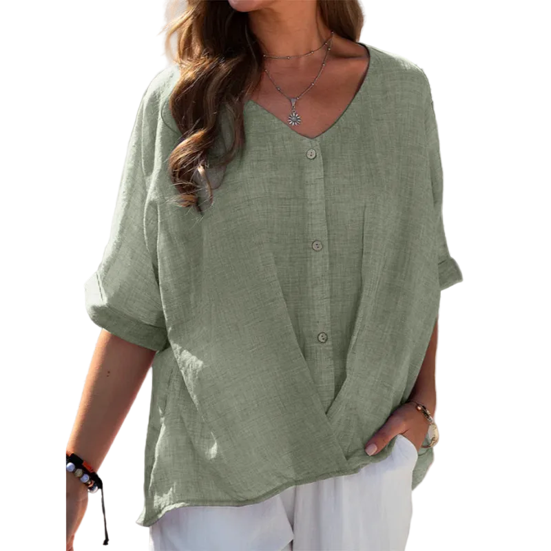 Women's V-Neck Button-Front Half Sleeve Blouse-1