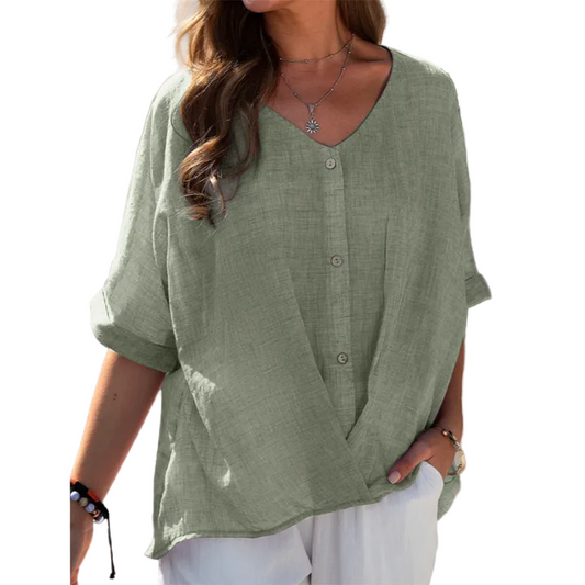 Women's V-Neck Button-Front Half Sleeve Blouse-1