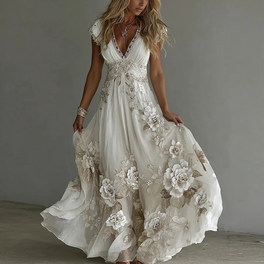 Women's Vintage Boho Floral Wedding Guest Maxi Dress