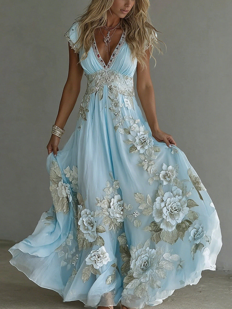 Women's Vintage Boho Floral Wedding Guest Maxi Dress