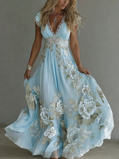 Women's Vintage Boho Floral Wedding Guest Maxi Dress
