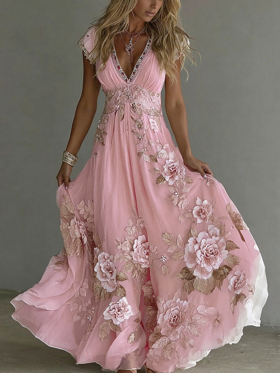 Women's Vintage Boho Floral Wedding Guest Maxi Dress