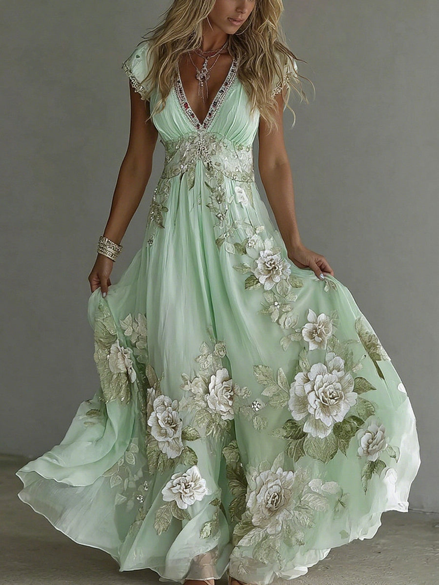 Women's Vintage Boho Floral Wedding Guest Maxi Dress