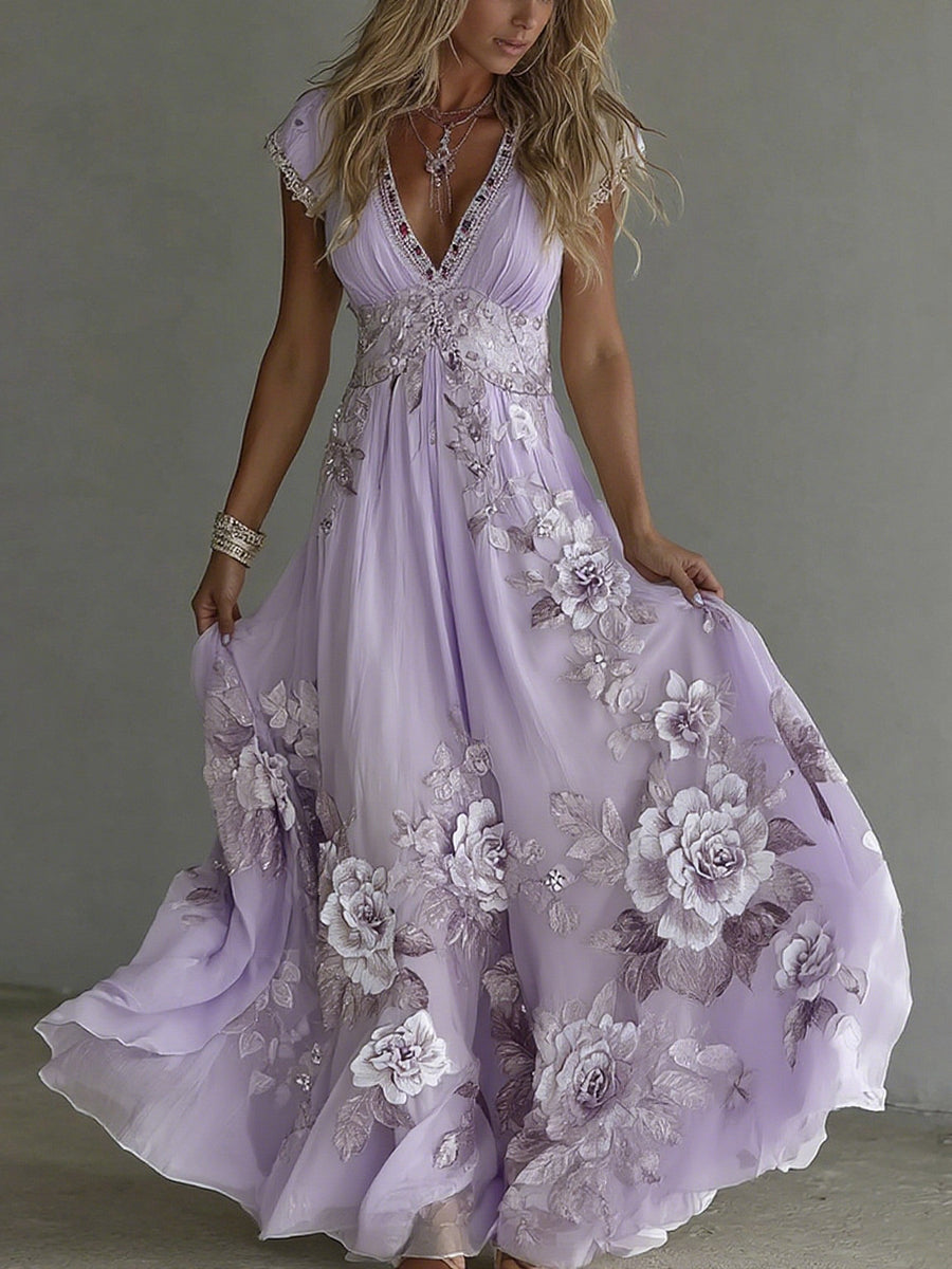 Women's Vintage Boho Floral Wedding Guest Maxi Dress