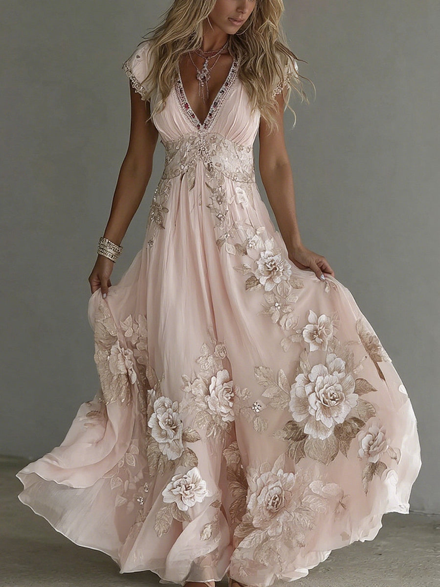 Women's Vintage Boho Floral Wedding Guest Maxi Dress