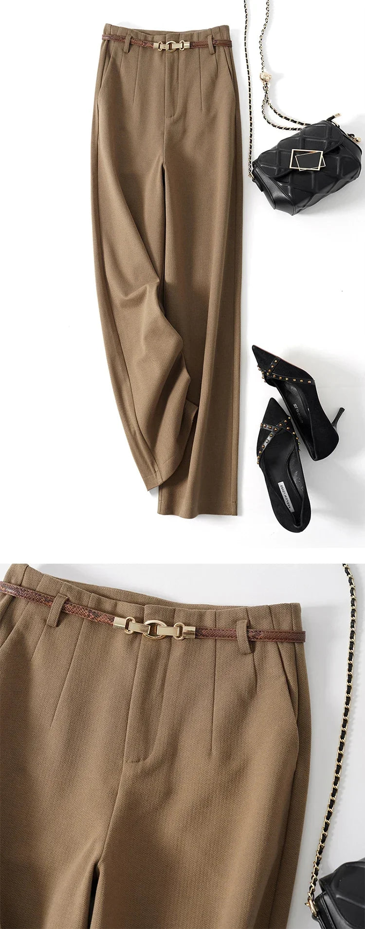 Women's Wide Leg Wool Trousers-33