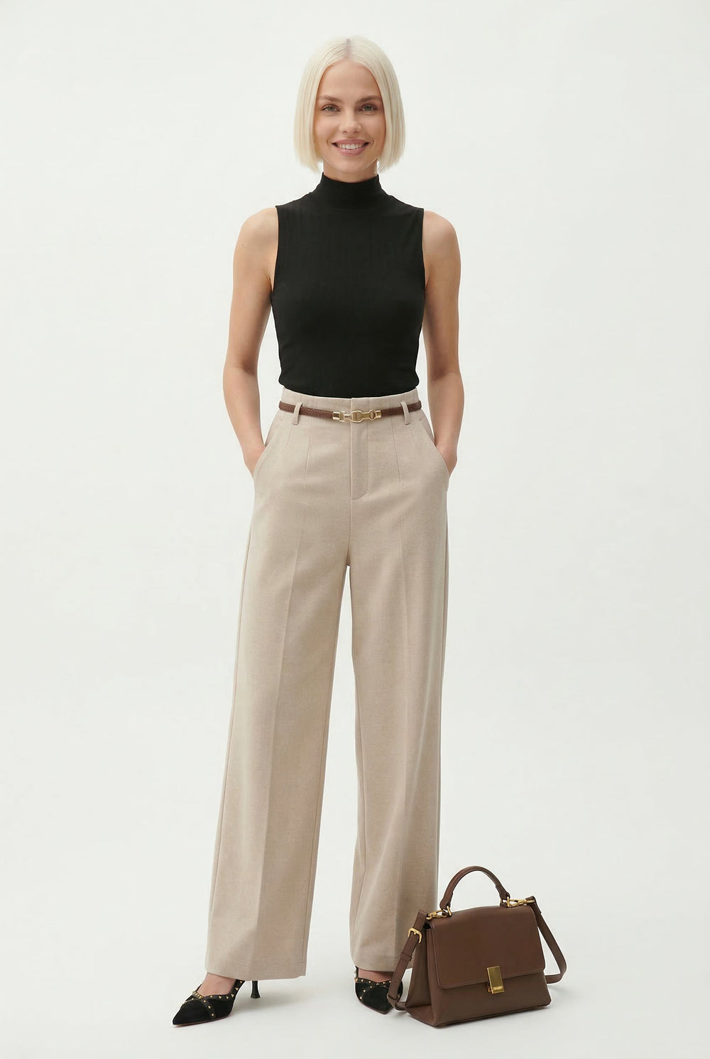 Women's Wide Leg Wool Trousers-9