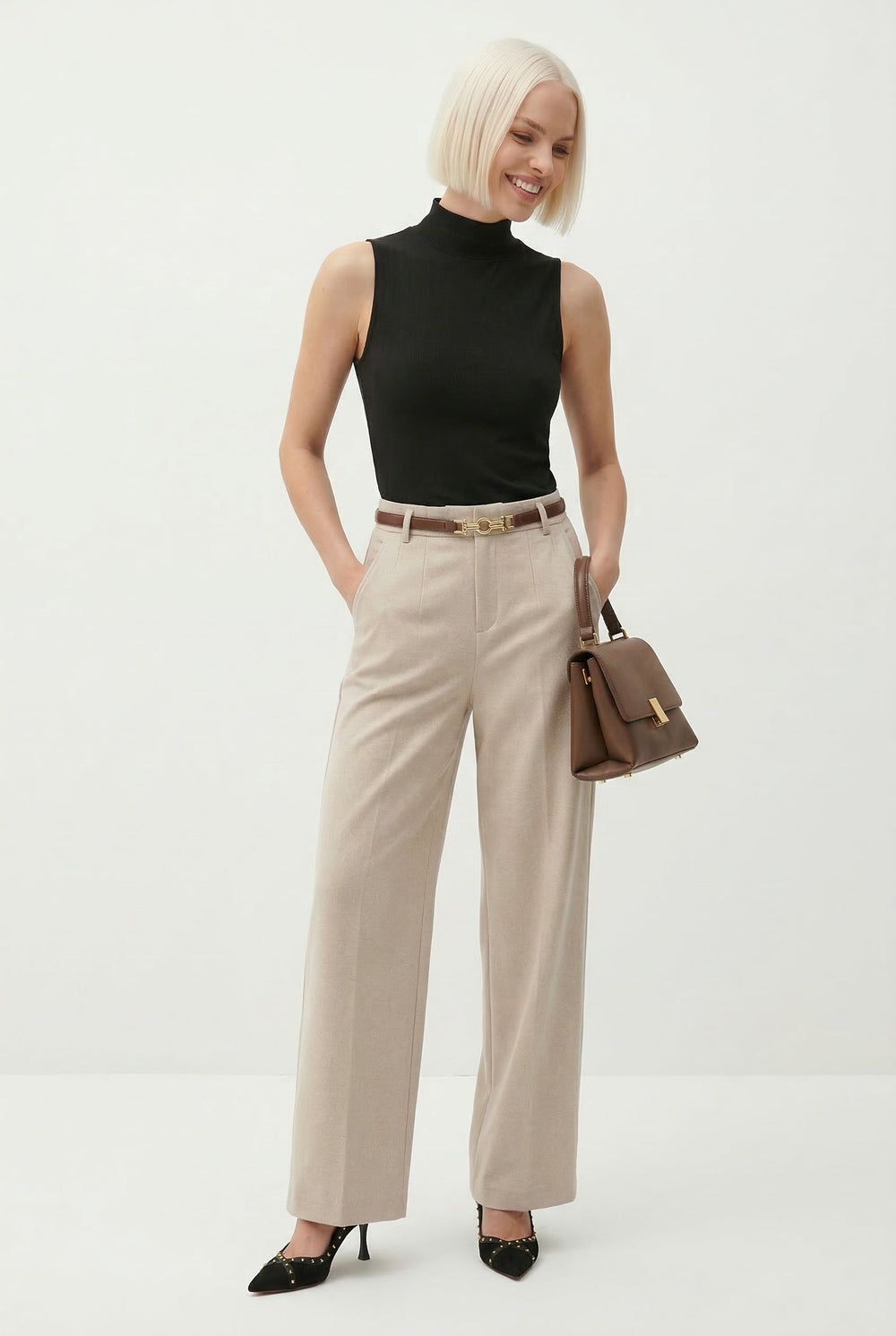 Women's Wide Leg Wool Trousers-10