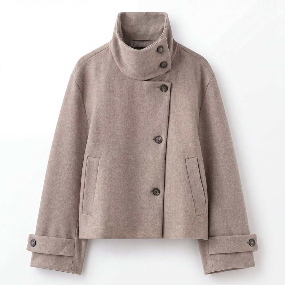 Women's Wool Blend Jacket With Button-Up Stand Collar-4