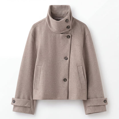 Women's Wool Blend Jacket With Button-Up Stand Collar-4